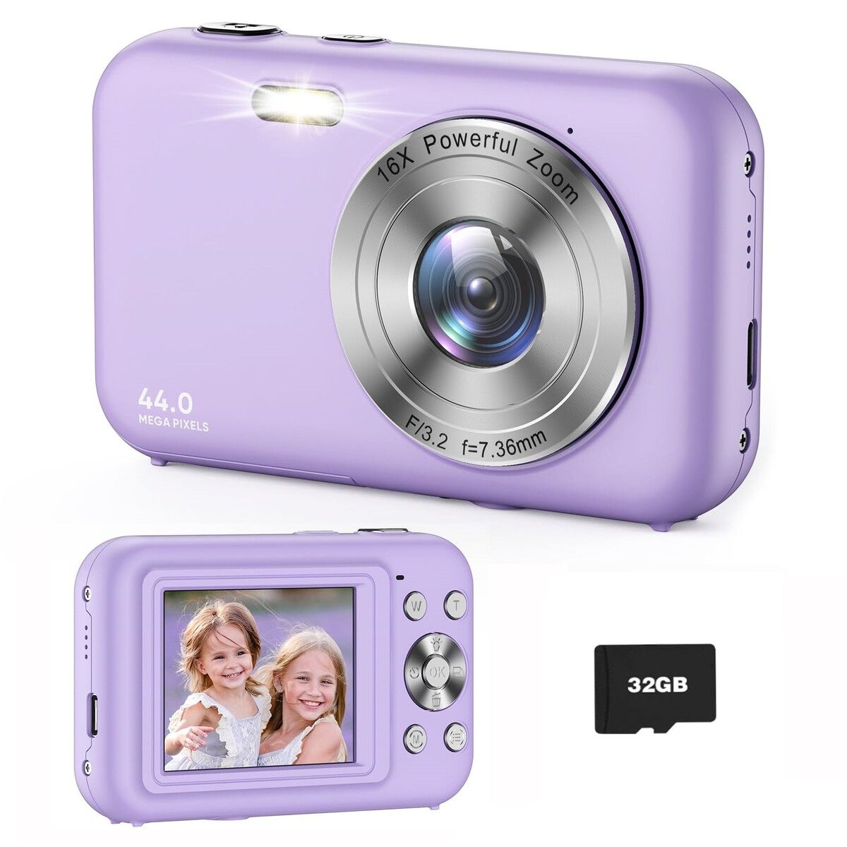 Digital Camera,FHD 1080P Kids Camera with 32GB Card Battery,Anti-Shake 16X Digital Zoom,44MP Point Shoot Camera,Compact Portable Small Gift Camera for Kid Teen Student Girl Boy (Purple)