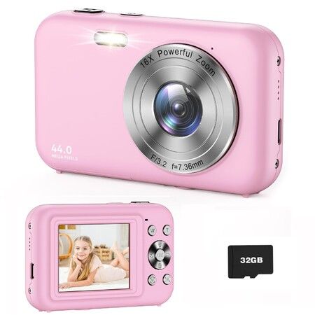 Digital Camera,FHD 1080P Kids Camera,Anti-Shake 16X Digital Zoom,44MP Point Shoot Camera,Compact Portable Small Gift Camera for Kid Teen Student Girl Boy (Pink)