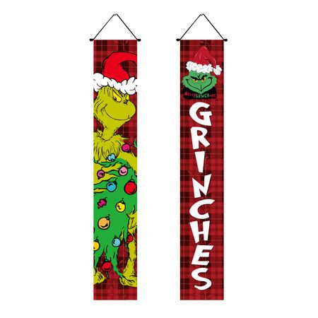 HTX2304236 Christmas Couplet Holiday Party Decorations Porch Flag Door Curtain Green Ghost Grinch Christmas Couplet（180*30cm）