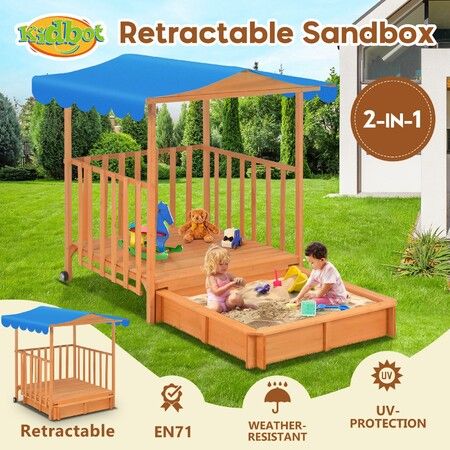 Kids Playhouse Sand Pit Wooden Box Canopy Children Play Ground Station Outdoor Toys Seat Rolling Wheel Backyard Activity Center Retractable Kidbot