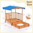 Kids Playhouse Sand Pit Wooden Box Canopy Children Play Ground Station Outdoor Toys Seat Rolling Wheel Backyard Activity Center Retractable Kidbot