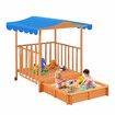 Kids Playhouse Sand Pit Wooden Box Canopy Children Play Ground Station Outdoor Toys Seat Rolling Wheel Backyard Activity Center Retractable Kidbot