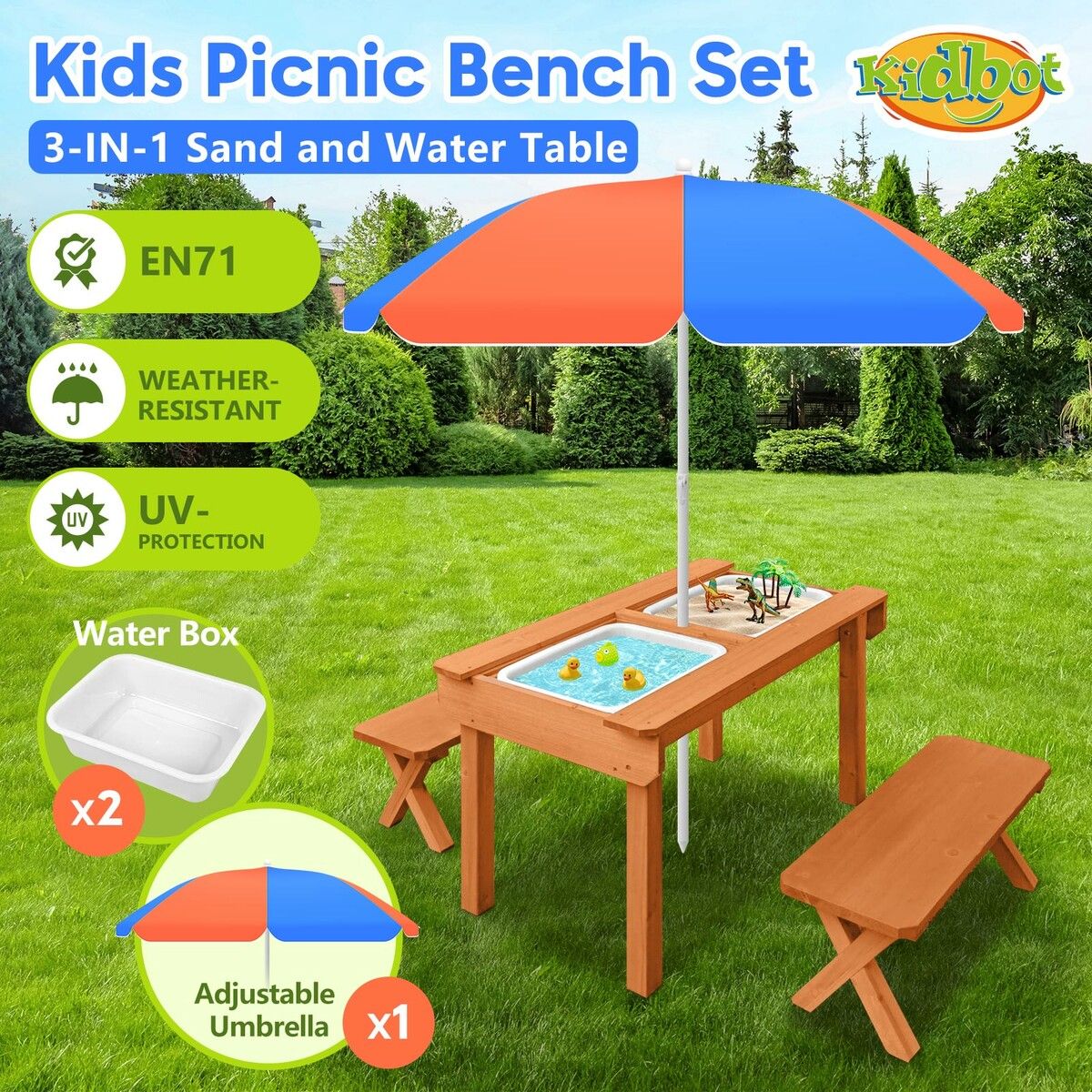 Kids Sand and Water Table Picnic Chairs Outdoor Wooden Bench Adjustable Umbrella Children Play Station Storage Playset Furniture Activity Center