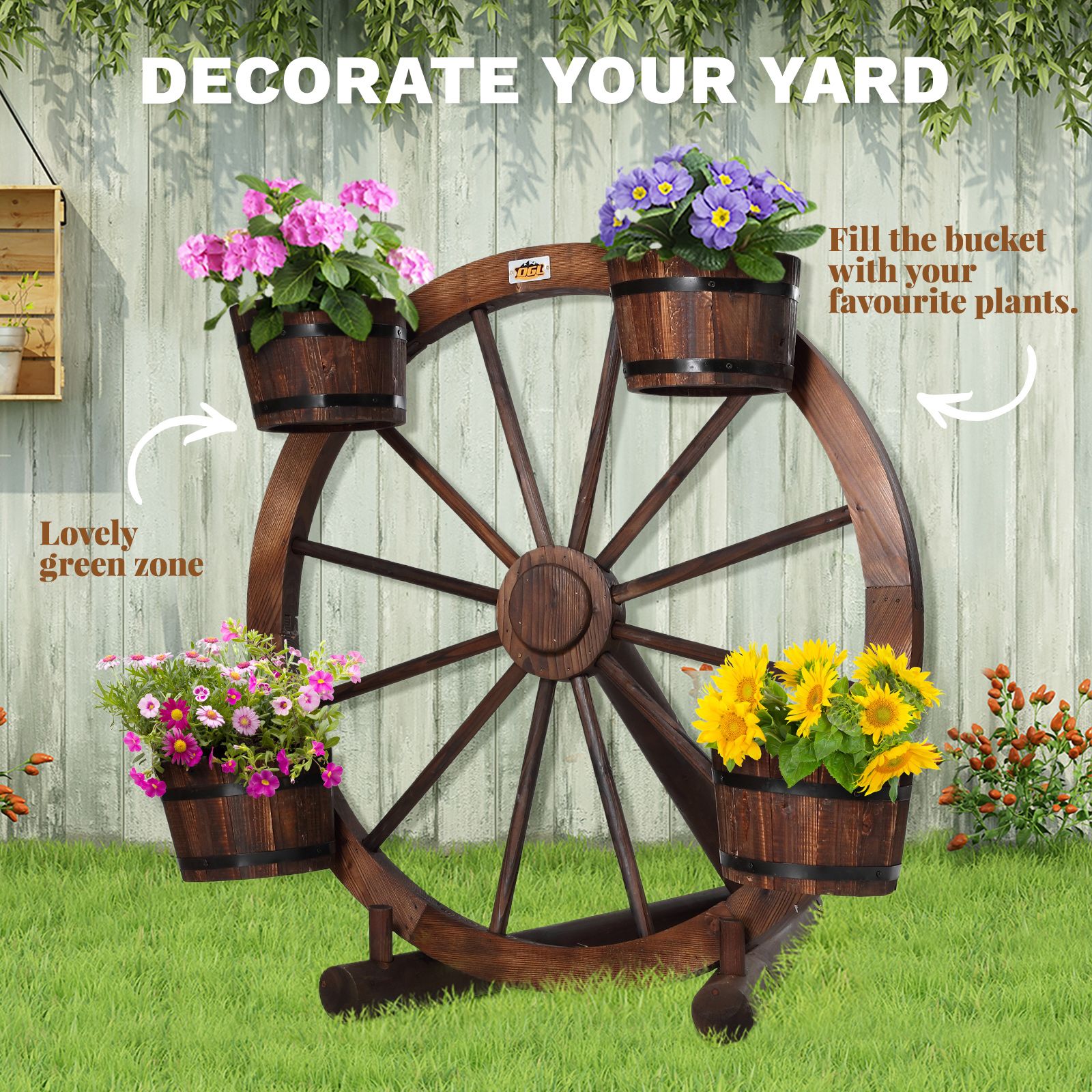 OGL Garden Ornaments Plant Stand Decor Wooden Wagon Wheel Rustic Outdoor Yard Decoration Planter Flower