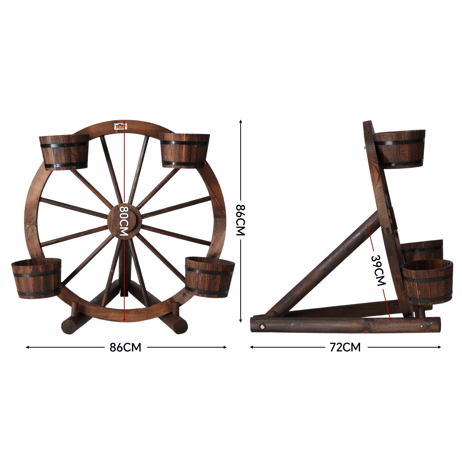 OGL Garden Ornaments Plant Stand Decor Wooden Wagon Wheel Rustic Outdoor Yard Decoration Planter Flower