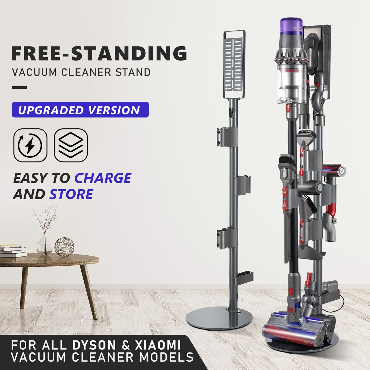 Freestanding Vacuum Stand Cordless Cleaner Storage Rack Holder Metal Organizer Accessories Organiser Bracket for Dyson Xiaomi Models Grey