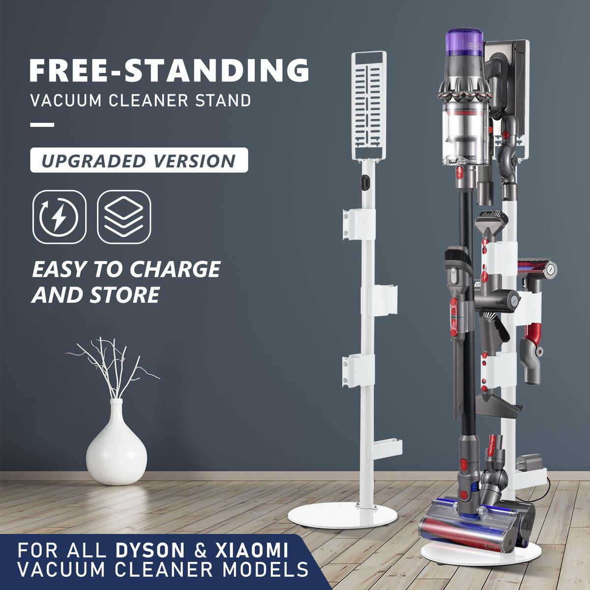 Freestanding Vacuum Cleaner Stand Cordless Storage Holder Organizer Rack Metal Organiser Accessories Bracket for Dyson Xiaomi Models White