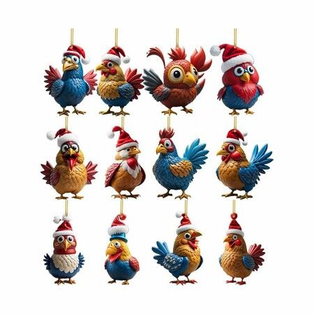 Christmas Cartoon Chicken Hanging Ornaments,DIY Acrylic Christmas Accessories Hang Tags Suitable for Cars,Backpacks,Keychains and Christmas Tree Decorations,Non-3D（12PCS）
