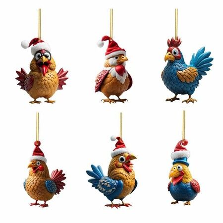 Christmas Cartoon Chicken Hanging Ornaments,DIY Acrylic Christmas Accessories Hang Tags Suitable for Cars,Backpacks,Keychains and Christmas Tree Decorations,Non-3D（6PCS,Type2）
