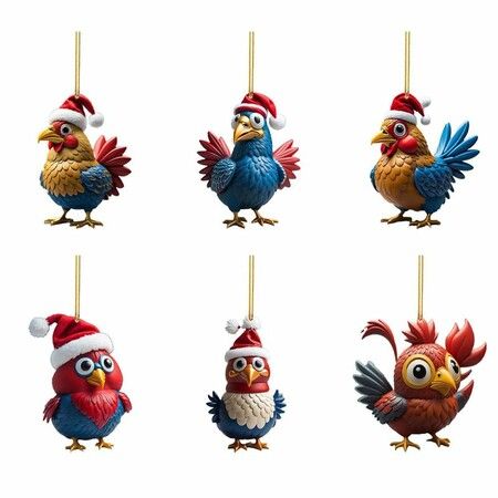 Christmas Cartoon Chicken Hanging Ornaments,DIY Acrylic Christmas Accessories Hang Tags Suitable for Cars,Backpacks,Keychains and Christmas Tree Decorations,Non-3D（6PCS）