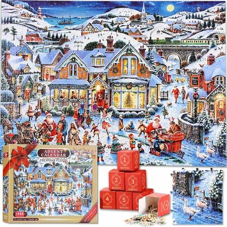 Advent Calendar 2023 Christmas Jigsaw Puzzles,24 Box 1008 Pieces Christmas Puzzle Countdown Calendar,Ideal Christmas Toys for Holiday Home Decor,Xmas Gifts for Kids Teens Adults