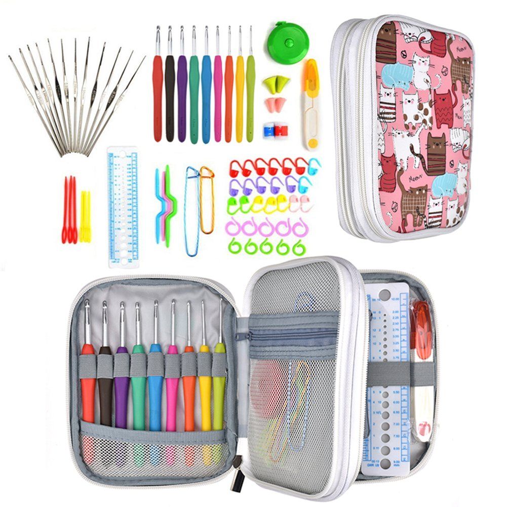 Crochet Hooks Set with Case, 72PCS Full Set Knitting Needle Weave Yarn Kit Ergonomic Handle Weaving Accessories for Beginners Experienced Crocheters Pink