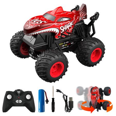 2.4Ghz RC Monster Trucks Dinosaur Remote Control Stunt Car with Light & Music 360°Spin Walk Upright& Drift for Boys Ages 8+(Red)