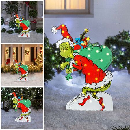 Grinch Stealing The Christmas Led Lights Glowing Outdoor Yard Stakes 