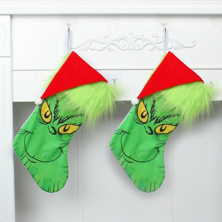 Grinch Christmas Stocking，Christmas Light Stockings，Holiday Stockings for Decorating Ornaments 2PCS