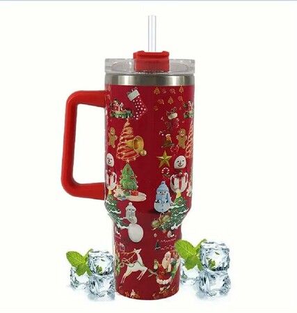 40oz Christmas Insulated Cold COOL HOT Tumbler Handle and Straw, Stainless Steel Tumbler  Car Mug Outdoor Sports Travel Christmas Gift  (Christmas red)