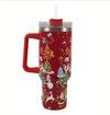 40oz Christmas Insulated Cold COOL HOT Tumbler Handle and Straw, Stainless Steel Tumbler  Car Mug Outdoor Sports Travel Christmas Gift  (Christmas red)