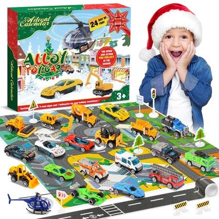 Christmas Advent Calendar  Alloy Vehicles and Helicopter Toy Sets Plus 2 Play Mats  Christmas Countdown Calendars for Boys Girls