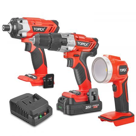 20 V Cordless Kit: Hammer Drill, Impact Driver, LED Light w/ Screw Bits
