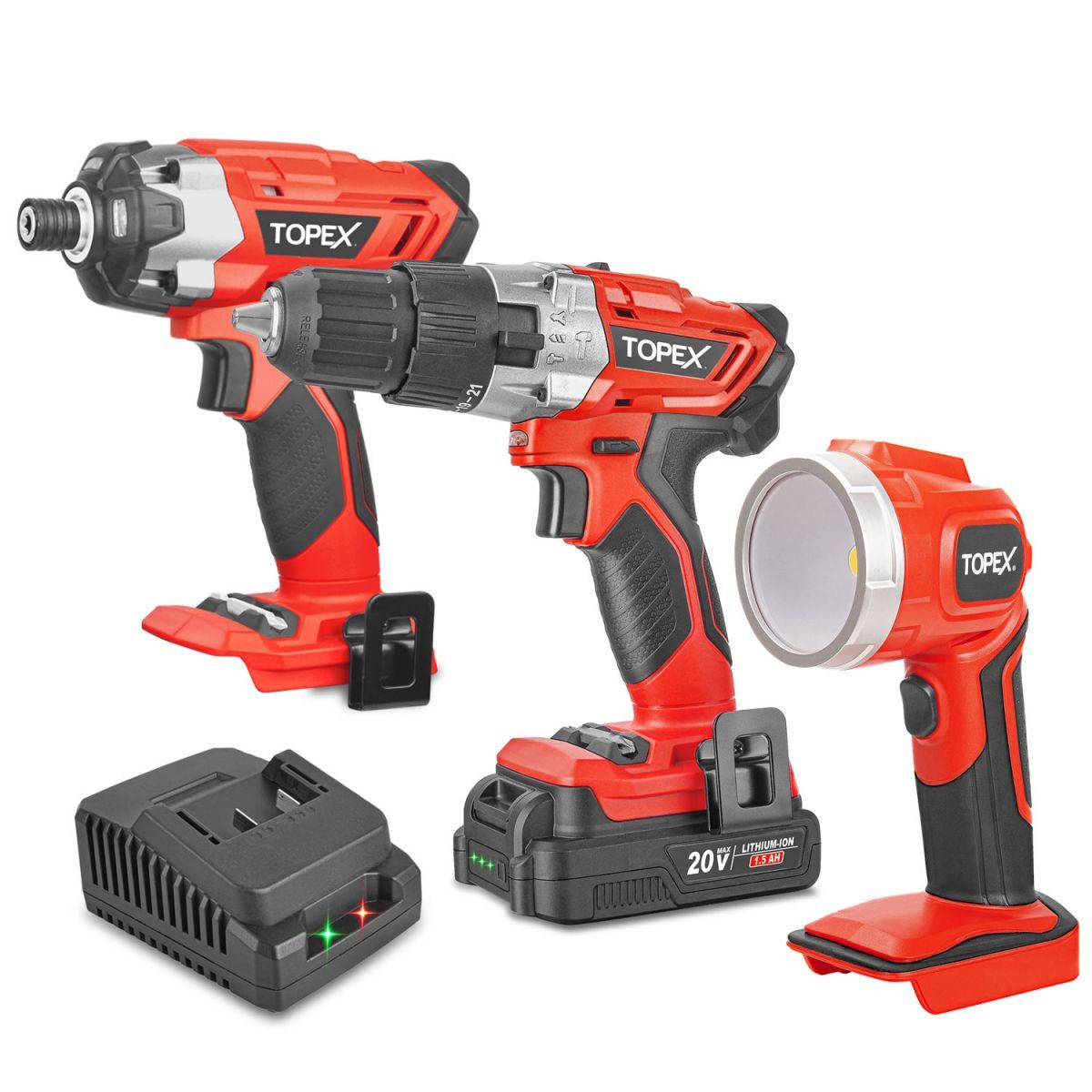 20 V Cordless Kit: Hammer Drill, Impact Driver, LED Light w/ Screw Bits