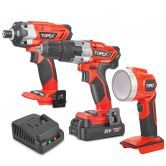 20 V Cordless Kit: Hammer Drill, Impact Driver, LED Light w/ Screw Bits