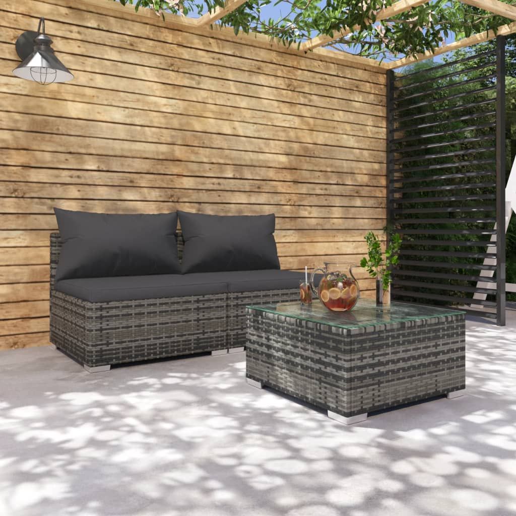 3 Piece Garden Lounge Set with Cushions Poly Rattan Grey