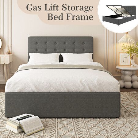 Queen Bed Frame with Headboard Gas Lift Up Storage Platform Wooden Mattress Base Foundation Support Hydraulic Upholstered Linen Fabric Grey