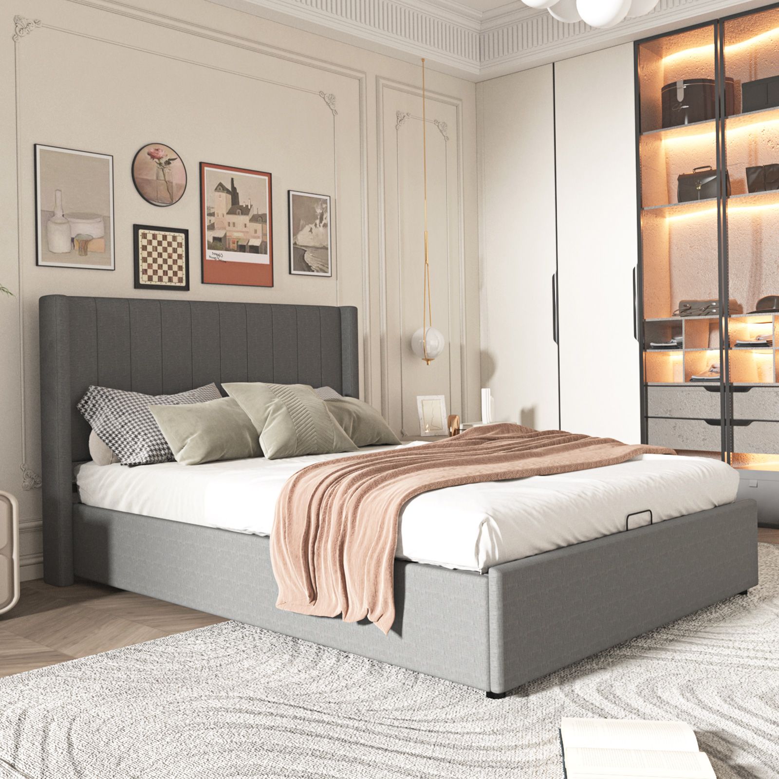 Wooden Bed Frame Queen Size Mattress Base Platform Gas Lift Up Underbed Storage Upholstered Fabric Wingback Headboard Bedroom Furniture Grey