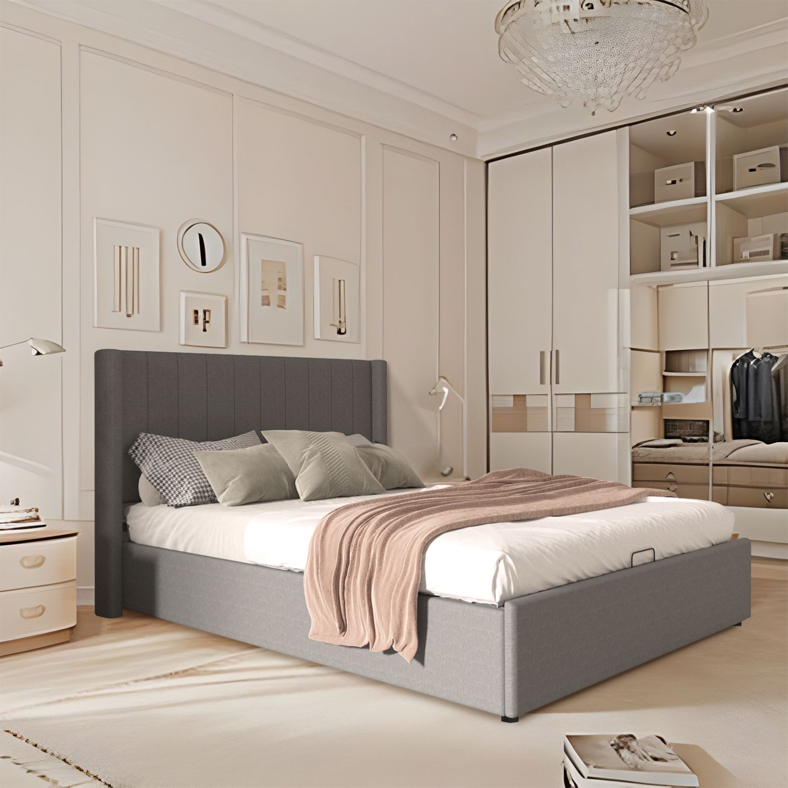 Wooden Bed Frame Queen Size Mattress Base Platform Gas Lift Up Underbed Storage Upholstered Fabric Wingback Headboard Bedroom Furniture Grey