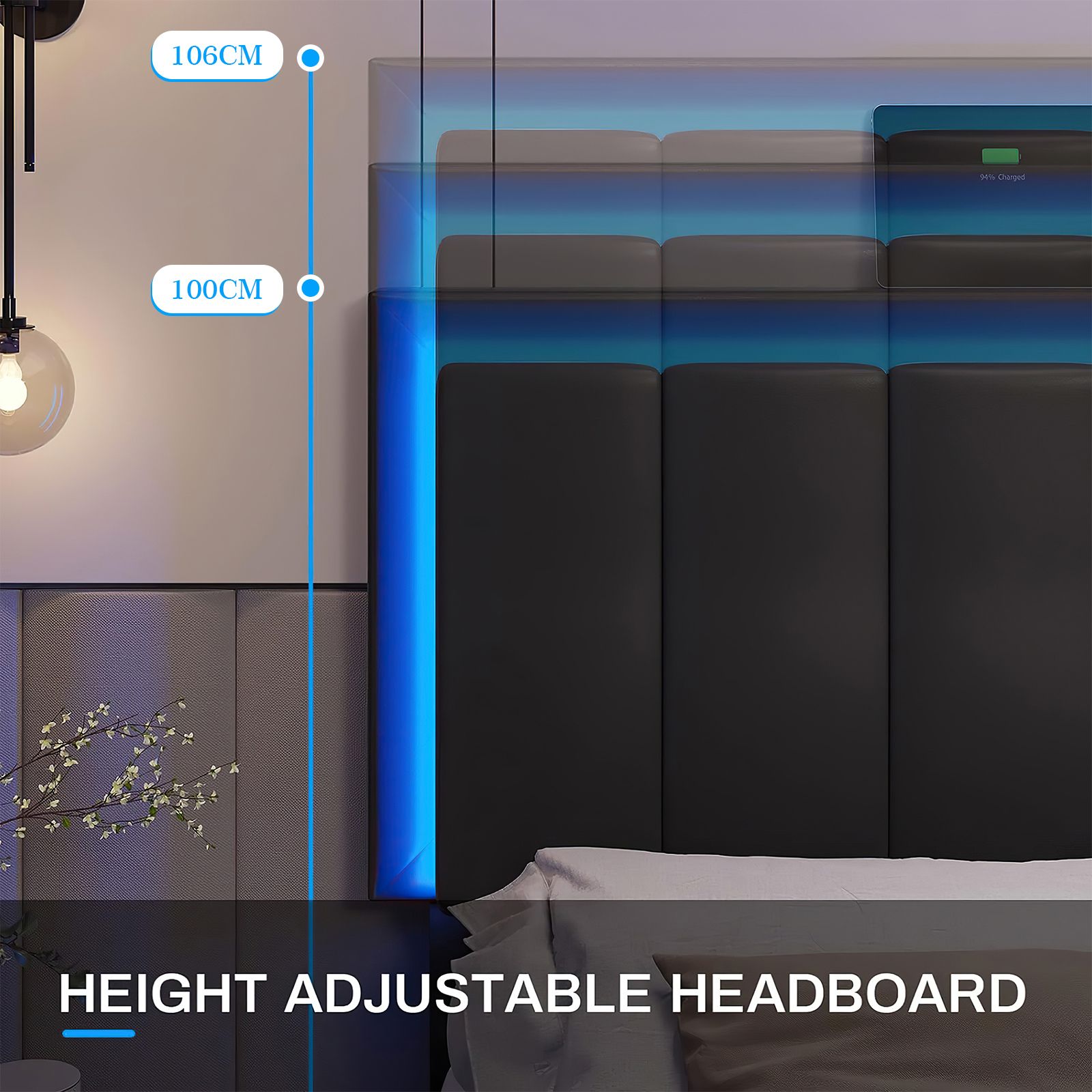Bed Frame Double Size RGB LED Lights Headboard Platform Mattress Base Black PU Leather Height Adjustable Bedhead Wooden Bedroom Furniture