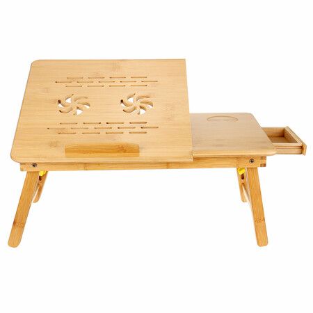 Bamboo Laptop Notebook Bed Desk Table Holder Sofa Tray Cooling Stand With DrawerS