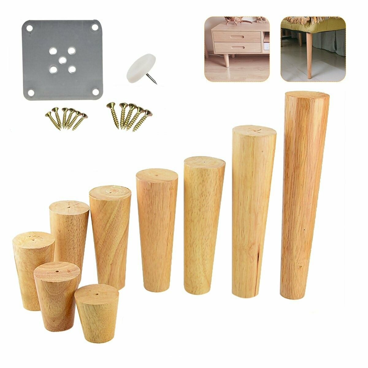 4pcs Oak Wooden Furniture Leg Feet 6-70cm With Iron Plate For Sofa Table Chair Stool15cm