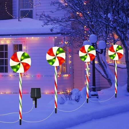 Christmas Solar Lollipop Path Lights with 8 Flashing Lighting Modes Candy Cane Waterproof Indoor Outdoor Pathway Lights for Christmas Garden Walkway Decoration (Red White Green)