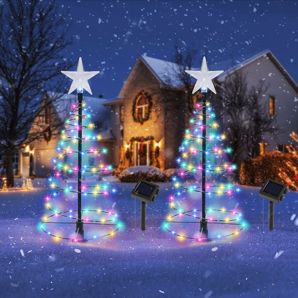 2 Pack Spiral Solar Christmas Trees with Lights, 19 Inch Outdoor Lighted Christmas Path Markers with Colorful Lights, Waterproof Christmas Decorations