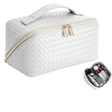 Large Capacity Travel Cosmetic Bag - Makeup Bag, Portable Leather Waterproof Women Organizer, with Handle and Divider Flat Lay Bags (White)