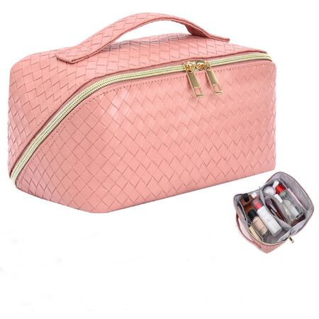 Large Capacity Travel Cosmetic Bag - Makeup Bag, Portable Leather Waterproof Women Organizer, with Handle and Divider Flat Lay Bags (Pink)