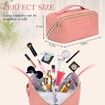 Large Capacity Travel Cosmetic Bag - Makeup Bag, Portable Leather Waterproof Women Organizer, with Handle and Divider Flat Lay Bags (Pink)