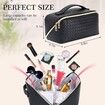 Large Capacity Travel Cosmetic Bag - Makeup Bag, Portable Leather Waterproof Women Organizer, with Handle and Divider Flat Lay Bags (Black)