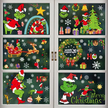 419 PCS(3 set) Christmas Window Clings for Glass Windows,Christmas Elf Faces Window Stickers with Snowflake,Double Sided Static Window Clings