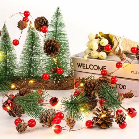 Christmas Garland with Lights, Red Berry Pine Cone 2M 20 LED Garland Lights Battery Operated, Christmas Decorations Indoor for Home Fireplace Mantel