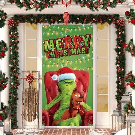 Merry Christmas Grinch Christmas Door Cover Grinch Green Backdrop  Decorations