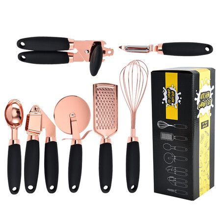 7 Pc Kitchen Gadget tools Set Copper Coated Stainless Steel Utensils with Soft Touch Black Handles