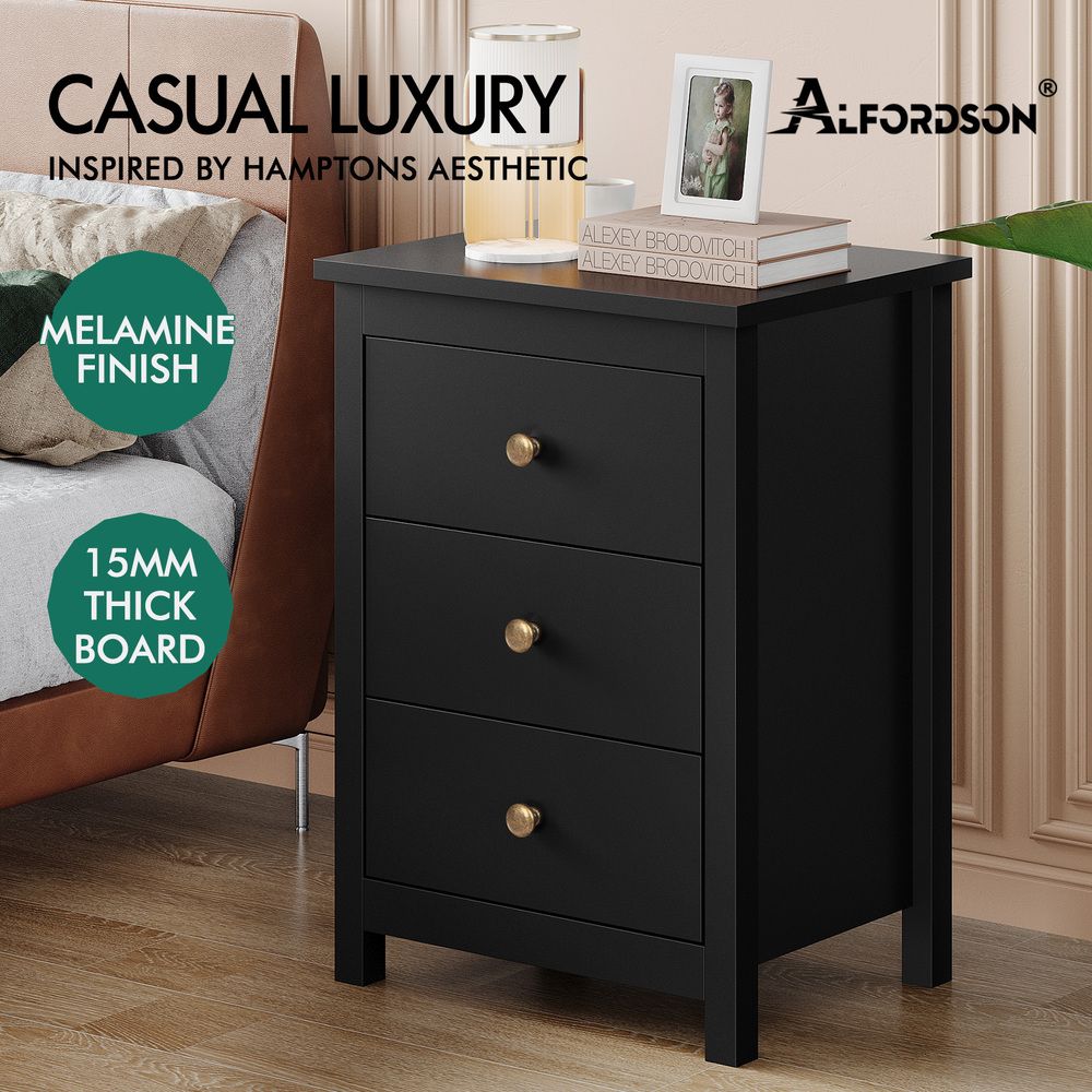 ALFORDSON Bedside Table Hamptons Nightstand Storage Side End 3 Drawers Black