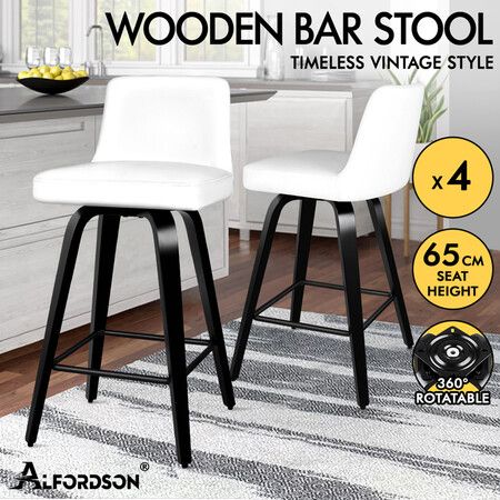 ALFORDSON 4x Swivel Bar Stools Bailey Kitchen Wooden Dining Chair White
