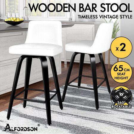 ALFORDSON 2x Swivel Bar Stools Bailey Kitchen Wooden Dining Chair White