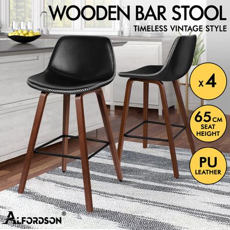ALFORDSON 4x Wooden Bar Stools Noah Kitchen Dining Chair Vintage Retro Black