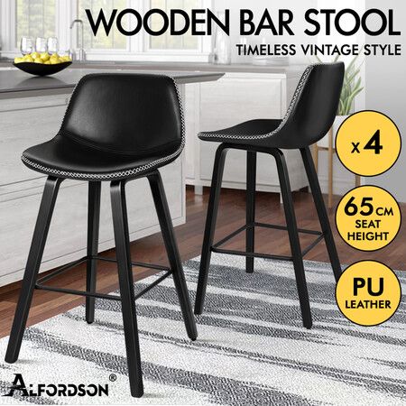 ALFORDSON 4x Wooden Bar Stools Noah Kitchen Dining Chair Vintage Retro All Black