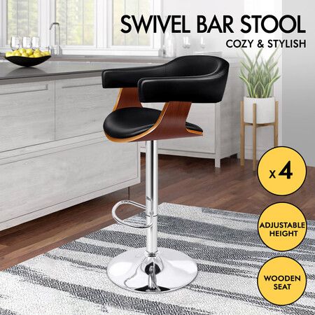 ALFORDSON 4x Wooden Bar Stool Joan Kitchen Swivel Chair Wood Leather Gas Lift