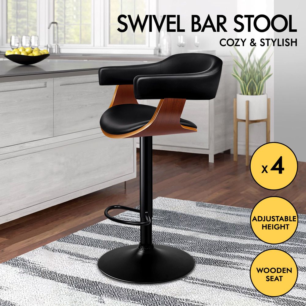 ALFORDSON 4x Wooden Bar Stool Joan Kitchen Swivel Chair Wood Leather Gas Lift