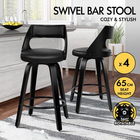 ALFORDSON 4x Swivel Bar Stools Eden Kitchen Wooden Dining Chair ALL BLACK
